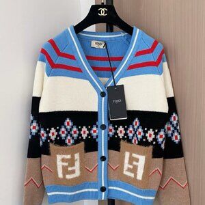 New Fendi Logo Pattern Knit Cardigan - Blue/Multicolor - Size L